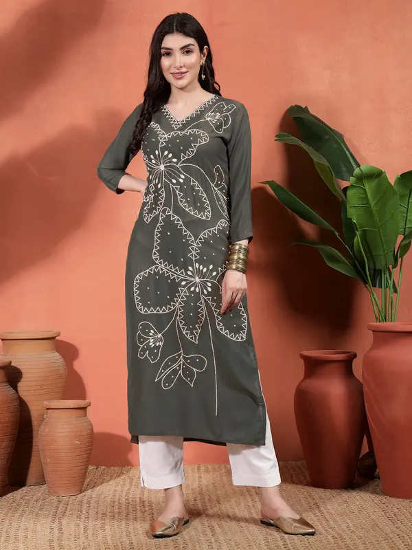 Dark_Grey_Rayon_Silk_Embroidered_Straight_Kurta_For_Women