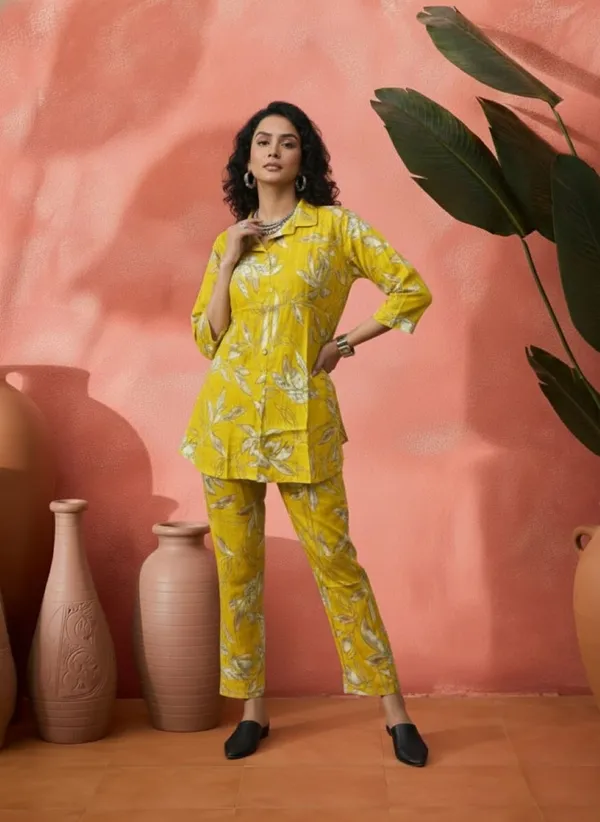 Yellow_Viscose_Rayon_Relaxed_Fit_Three_Quarter_Sleeve_Night_Suit_For_Women