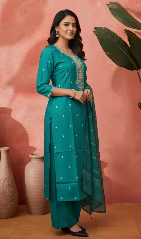 Teal_Rayon_Embroidered_Straight_Kurta_Set_For_Women