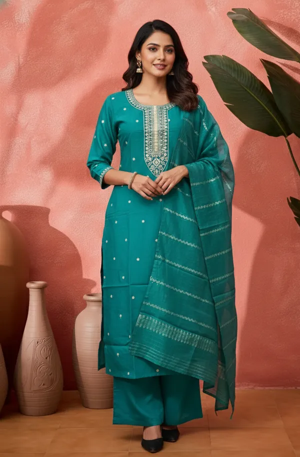 Teal_Rayon_Embroidered_Straight_Kurta_Set_For_Women