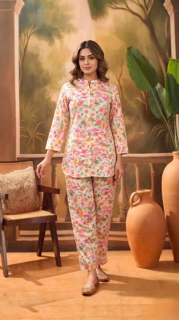 Cream_Silk_Blend_Floral_Print_Button_Down_Night_Suit_For_Women