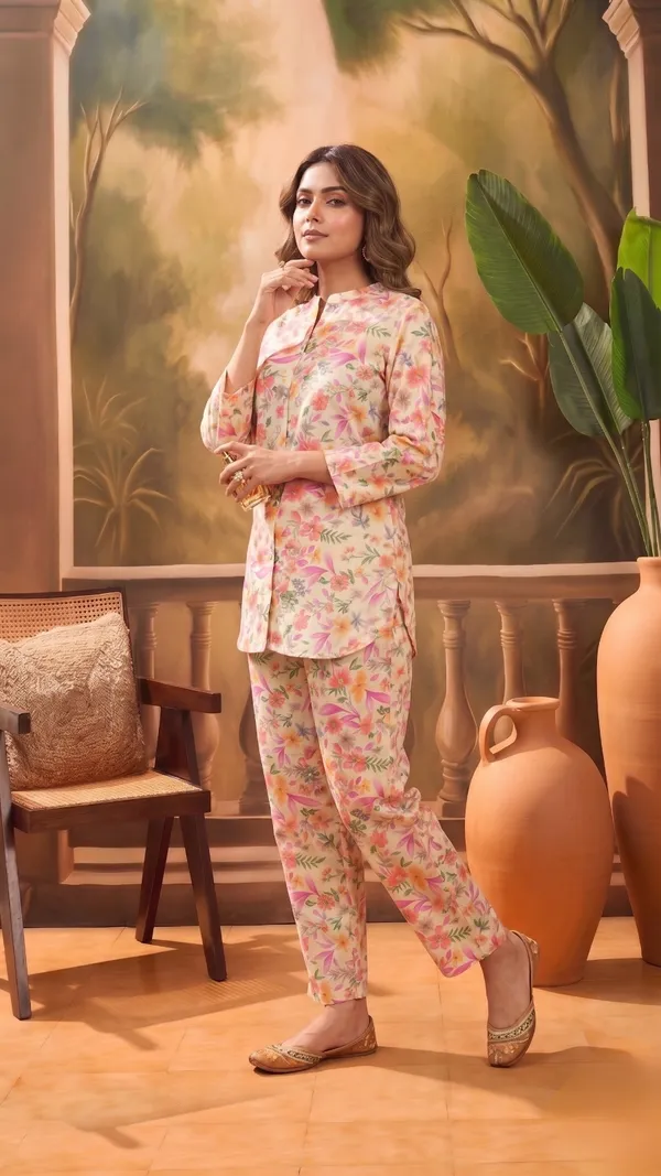 Cream_Silk_Blend_Floral_Print_Button_Down_Night_Suit_For_Women