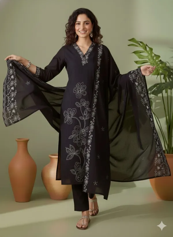 Black_Chanderi_Silk_Embroidered_Straight_Kurta_Set_For_Women