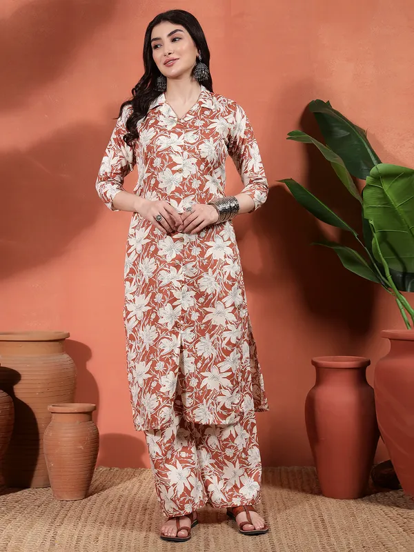 Brown_Cotton_Floral_Print_Kurta_Set_For_Women