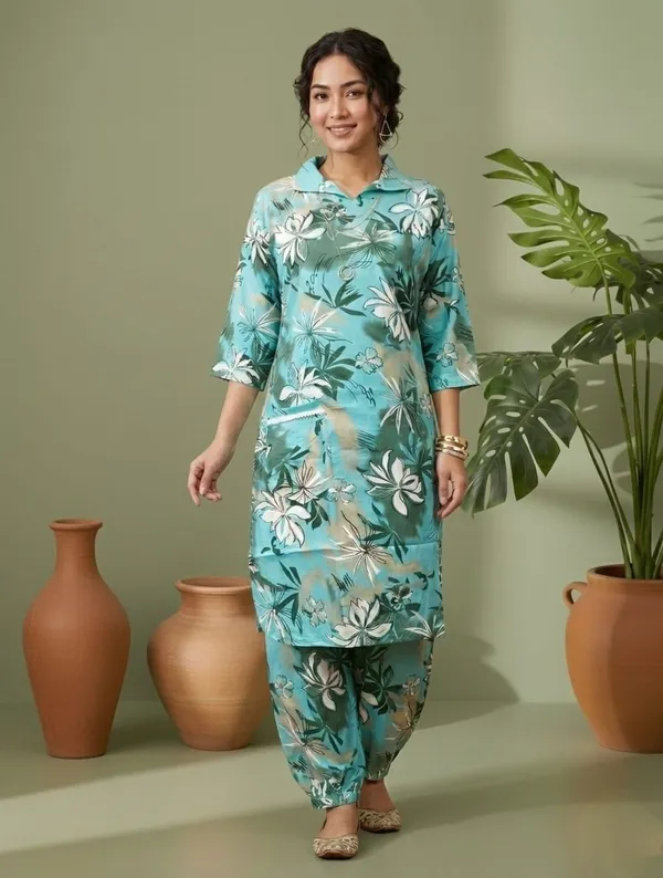 Turquoise_Roman_Silk_Floral_Print_Straight_Kurta_Set_For_Women