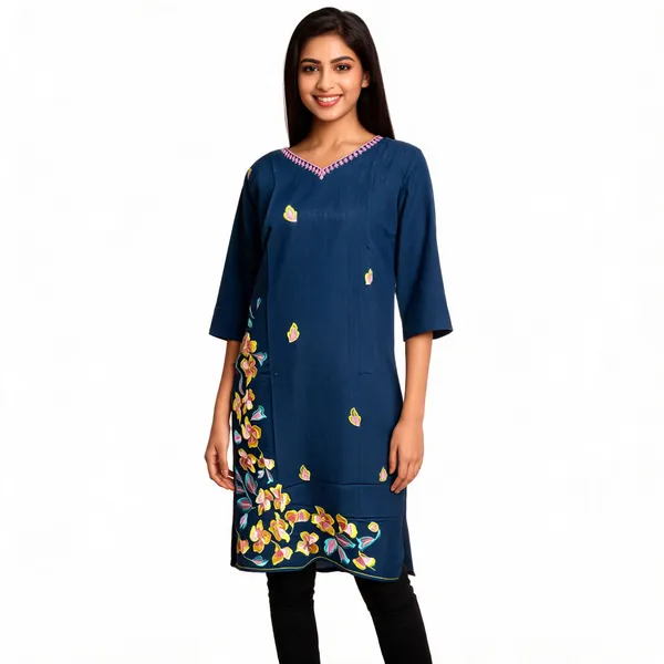 Navy_Blue_Crepe_Straight_Floral_Embroidered_Kurti_For_Women