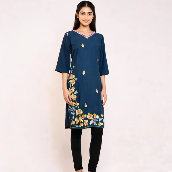 Navy_Blue_Crepe_Straight_Floral_Embroidered_Kurti_For_Women
