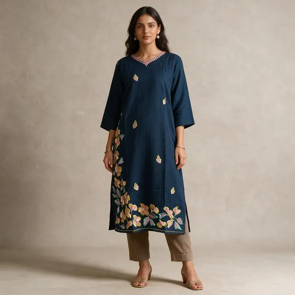 Navy_Blue_Crepe_Straight_Floral_Embroidered_Kurti_For_Women