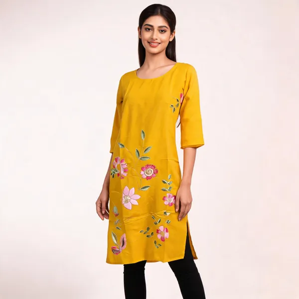 Yellow_Crepe_Floral_Print_Straight_Kurti_For_Women