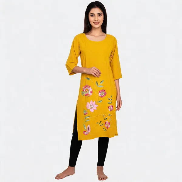 Yellow_Crepe_Floral_Print_Straight_Kurti_For_Women