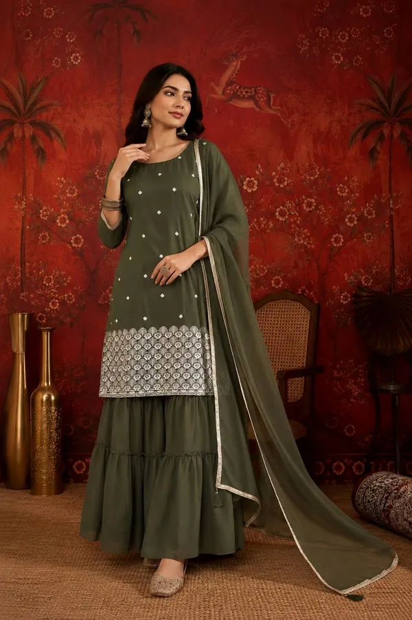 Olive_Crepe_Embroidered_Kurta_Sharara_Set_With_Dupatta_For_Women