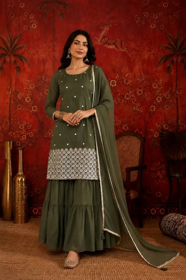 Olive_Crepe_Embroidered_Kurta_Sharara_Set_With_Dupatta_For_Women
