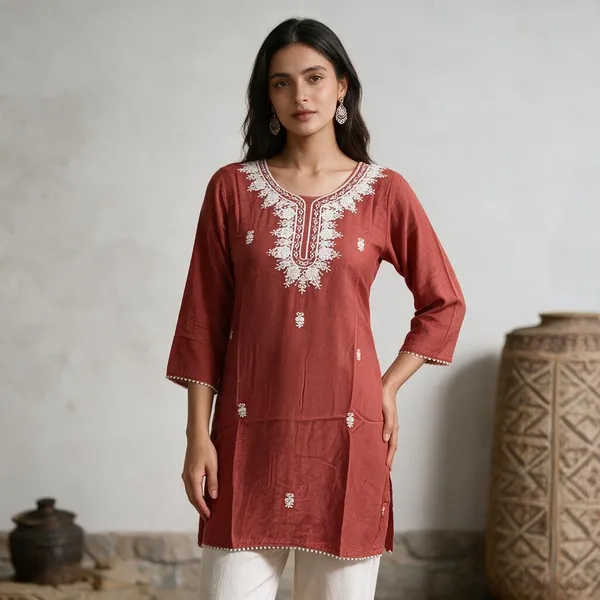 Rust_Crepe_Embroidered_Straight_Kurti_For_Women