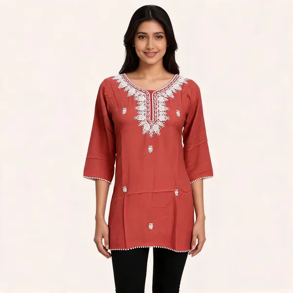 Rust_Crepe_Embroidered_Straight_Kurti_For_Women