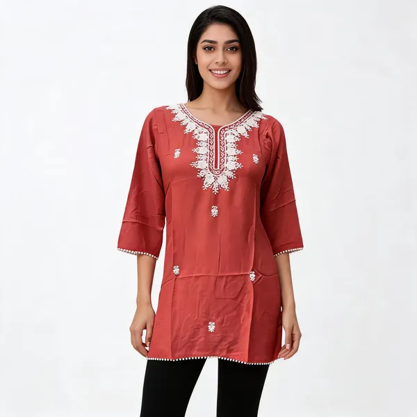 Rust_Crepe_Embroidered_Straight_Kurti_For_Women