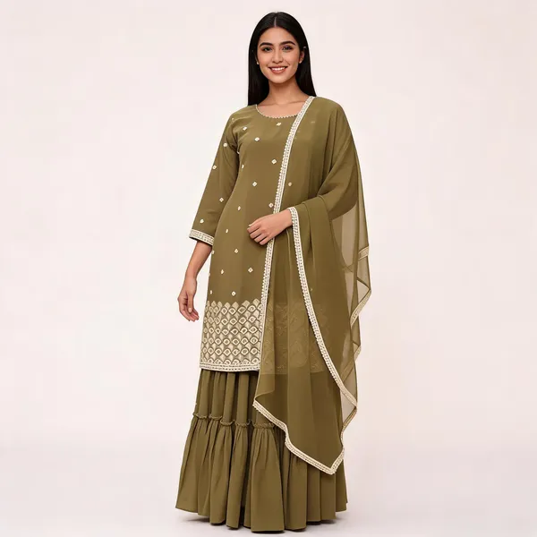 Olive_Crepe_Embroidered_Kurta_Sharara_Set_With_Dupatta_For_Women
