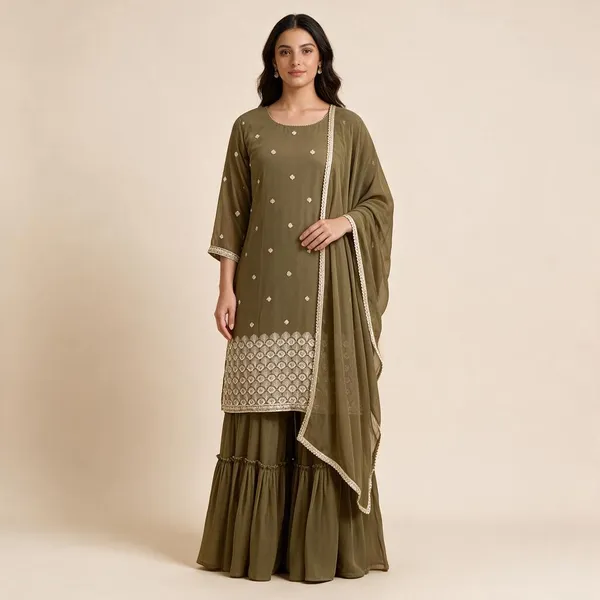 Olive_Crepe_Embroidered_Kurta_Sharara_Set_With_Dupatta_For_Women