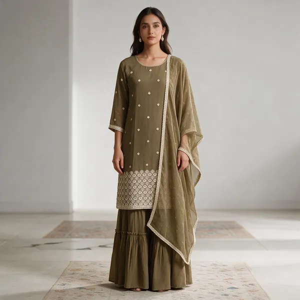 Olive_Crepe_Embroidered_Kurta_Sharara_Set_With_Dupatta_For_Women