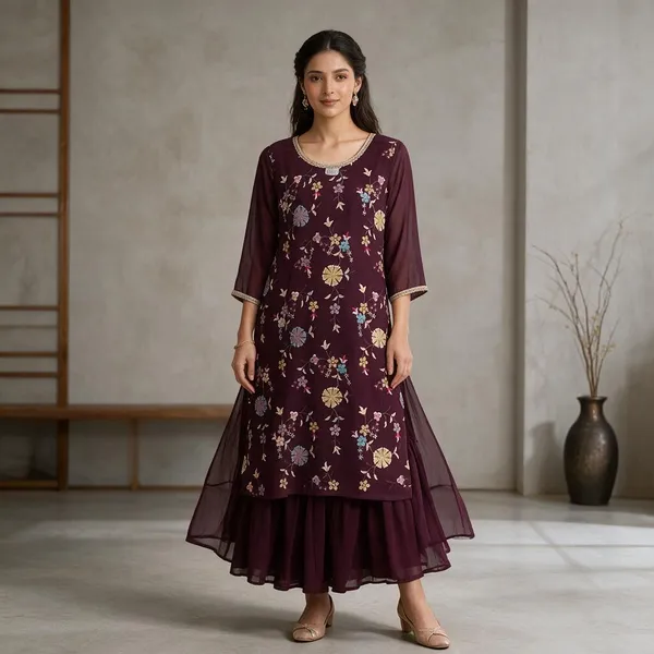 Maroon_Dola_Silk_Floral_Print_Layered_Kurta_Dress_For_Women
