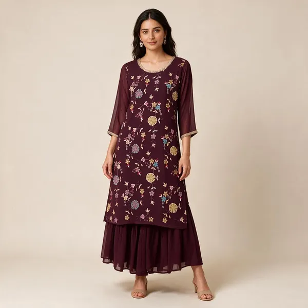 Maroon_Dola_Silk_Floral_Print_Layered_Kurta_Dress_For_Women