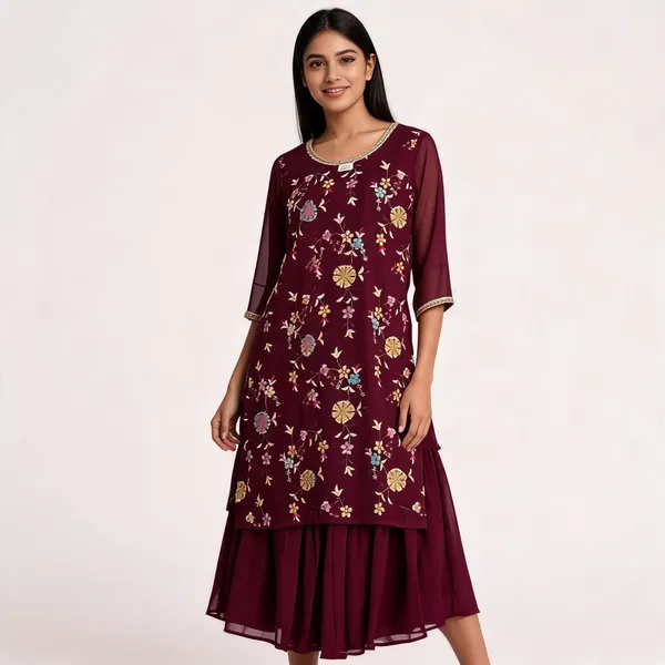 Maroon_Dola_Silk_Floral_Print_Layered_Kurta_Dress_For_Women