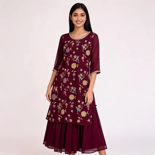 Maroon_Dola_Silk_Floral_Print_Layered_Kurta_Dress_For_Women