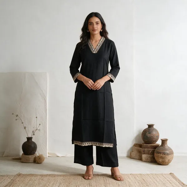 Black_Silk_Blend_Embroidered_Long_Kurta_For_Women