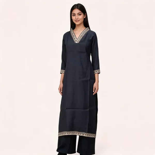 Black_Silk_Blend_Embroidered_Long_Kurta_For_Women
