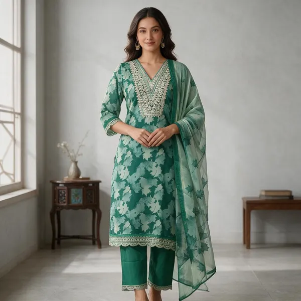 Green_Chinon_Silk_Printed_Straight_Kurta_Set_For_Women