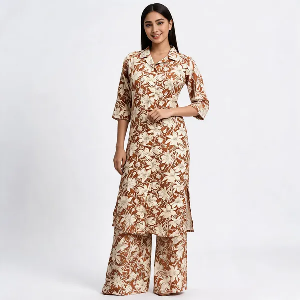 Brown_Cotton_Floral_Print_Kurta_Set_For_Women