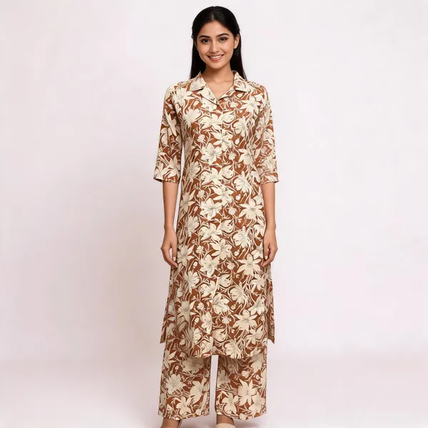 Brown_Cotton_Floral_Print_Kurta_Set_For_Women