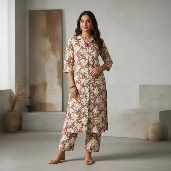 Brown_Cotton_Floral_Print_Kurta_Set_For_Women