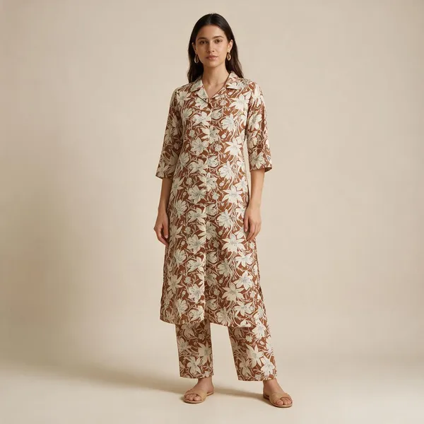 Brown_Cotton_Floral_Print_Kurta_Set_For_Women