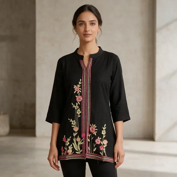 Black_Chanderi_Silk_Embroidered_Straight_Kurti_For_Women