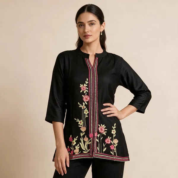 Black_Chanderi_Silk_Embroidered_Straight_Kurti_For_Women