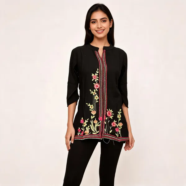 Black_Chanderi_Silk_Embroidered_Straight_Kurti_For_Women