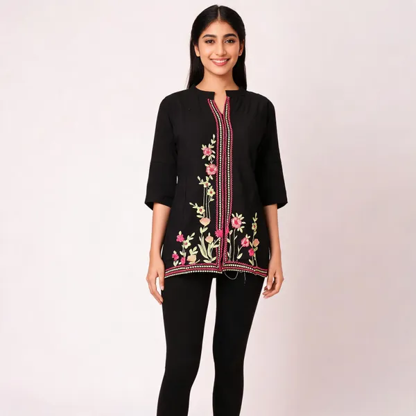 Black_Chanderi_Silk_Embroidered_Straight_Kurti_For_Women