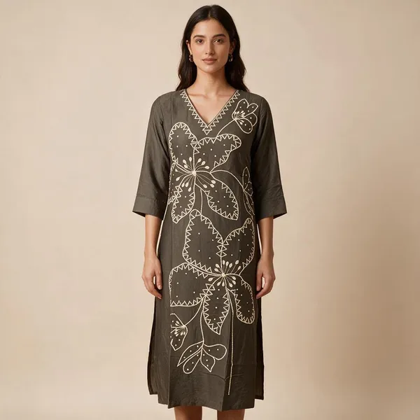 Brown_Chanderi_Silk_Floral_Threadwork_Straight_Kurta_For_Women