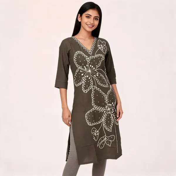 Brown_Chanderi_Silk_Floral_Threadwork_Straight_Kurta_For_Women