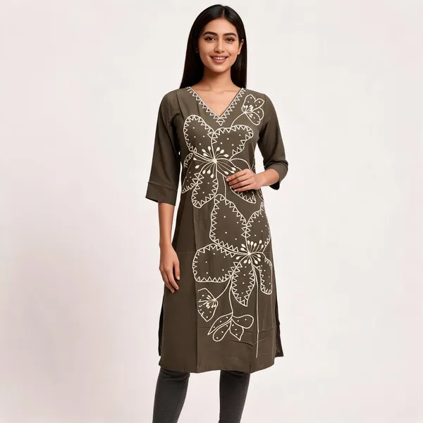 Brown_Chanderi_Silk_Floral_Threadwork_Straight_Kurta_For_Women