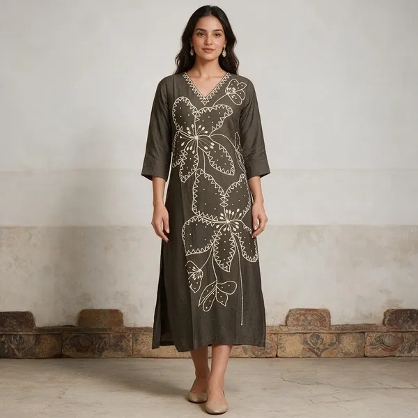 Brown_Chanderi_Silk_Floral_Threadwork_Straight_Kurta_For_Women