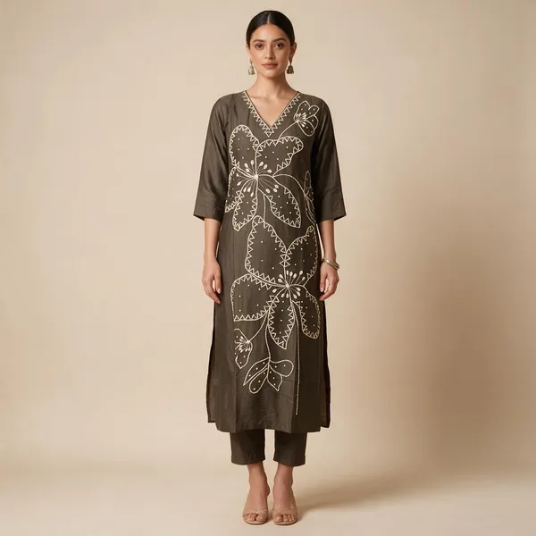 Brown_Chanderi_Silk_Floral_Threadwork_Straight_Kurta_For_Women