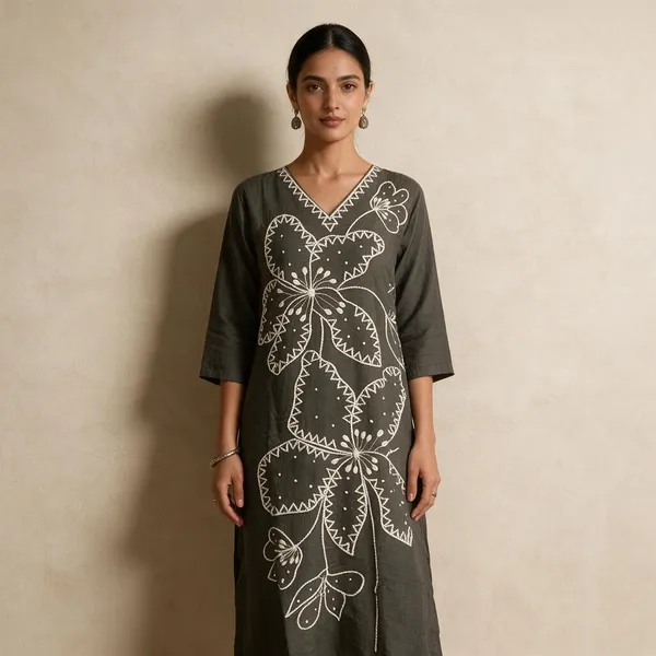 Dark_Grey_Chanderi_Silk_Embroidered_Straight_Kurta_For_Women