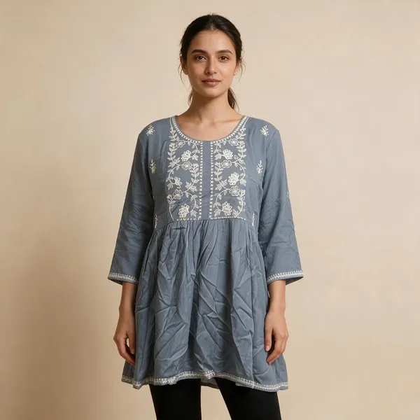Grey_Chanderi_Silk_Embroidered_A_Line_Kurti_For_Women