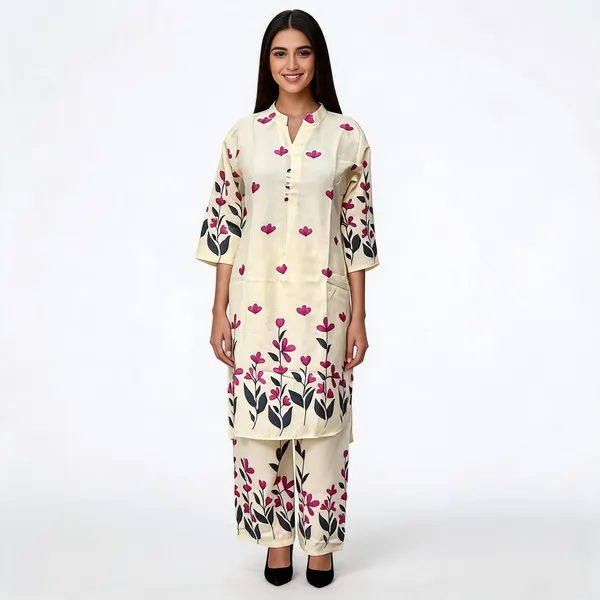 Cream_Chanderi_Silk_Floral_Print_Straight_Kurta_Set_For_Women