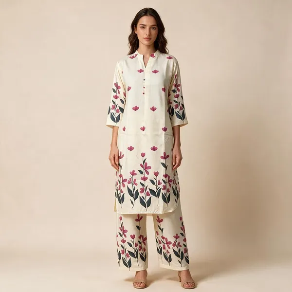 Cream_Chanderi_Silk_Floral_Print_Straight_Kurta_Set_For_Women