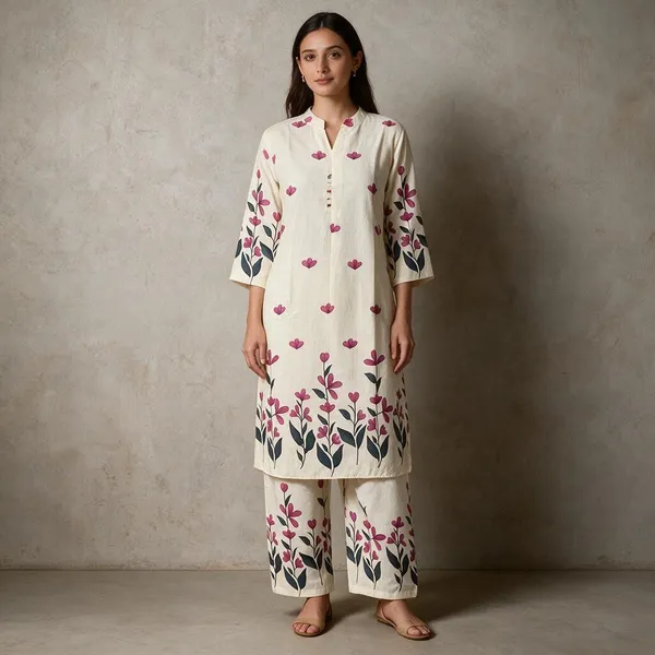 Cream_Chanderi_Silk_Floral_Print_Straight_Kurta_Set_For_Women