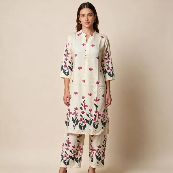 Cream_Chanderi_Silk_Floral_Print_Straight_Kurta_Set_For_Women