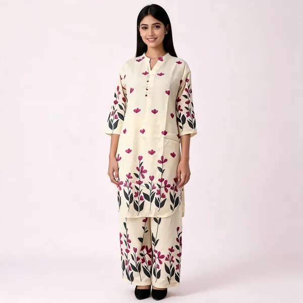 Cream_Chanderi_Silk_Floral_Print_Straight_Kurta_Set_For_Women