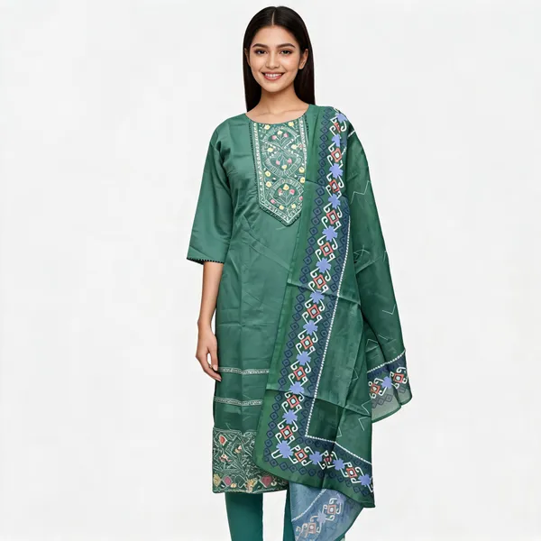 Green_Cotton_Embroidered_Kurta_Dupatta_Set_For_Women
